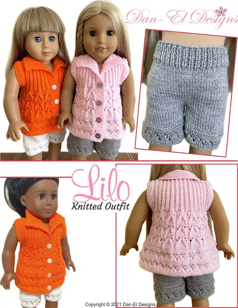Dan-El Designs Knitting Lilo Knitted Outfit 18" Doll Knitting Pattern Pixie Faire