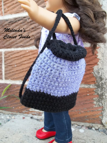 Melinda's Closet Finds Crochet Crocheted Drawstring Backpack 18" Doll Crochet Pattern Pixie Faire