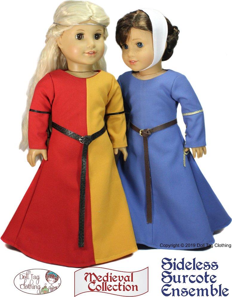 Doll Tag Clothing 18 Inch Historical Sideless Surcote Ensemble Medieval Collection 18" Doll Clothes Pattern Pixie Faire