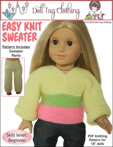 Easy Knit Sweater 18 inch Doll Clothes Pattern PDF Download