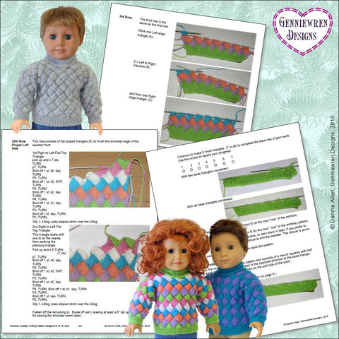 Genniewren Knitting Entrelac Sweater 18" Doll Knitting Pattern Pixie Faire