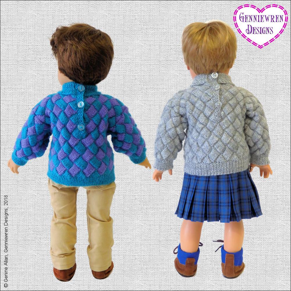Genniewren Knitting Entrelac Sweater 18" Doll Knitting Pattern Pixie Faire