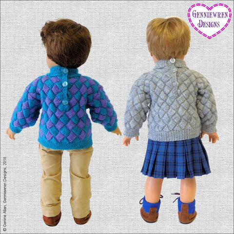 Genniewren Knitting Entrelac Sweater 18" Doll Knitting Pattern Pixie Faire