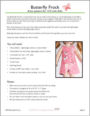 Pink Ladybug WellieWishers Butterfly Frock 14.5" Doll Clothes Pattern Pixie Faire
