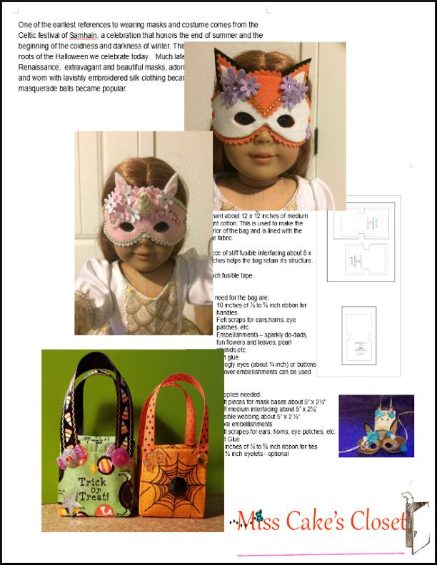 Miss Cake's Closet 18 Inch Modern Halloween Masks and Trick or Treat Bags 14-18" Doll Accessory Pattern Pixie Faire