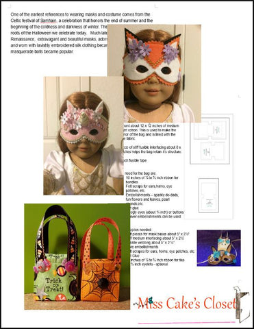 Miss Cake's Closet 18 Inch Modern Halloween Masks and Trick or Treat Bags 14-18" Doll Accessory Pattern Pixie Faire