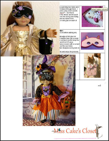 Miss Cake's Closet 18 Inch Modern Halloween Masks and Trick or Treat Bags 14-18" Doll Accessory Pattern Pixie Faire