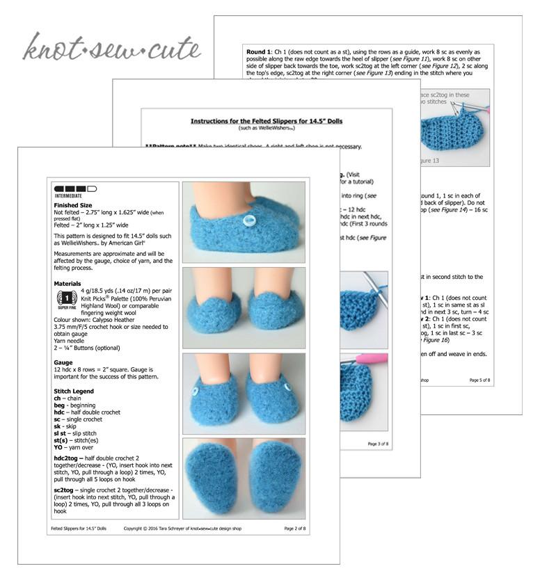 Knot-Sew-Cute WellieWishers Felted Slippers 14.5" Doll Clothes Crochet Pattern Pixie Faire
