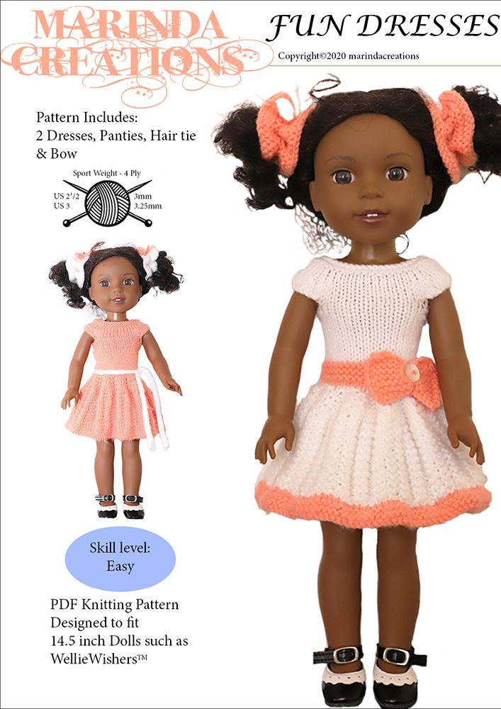 Marinda Creations WellieWishers Fun Dresses 14.5" Doll Knitting Pattern Pixie Faire