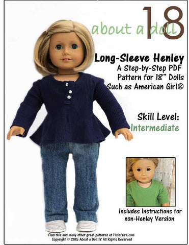 About A Doll 18 18 Inch Modern Long-Sleeve Henley 18" Doll Clothes Pattern Pixie Faire