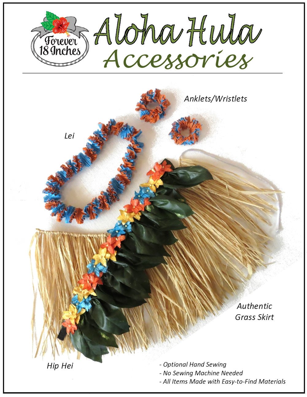 Forever 18 Inches 18 Inch Historical Aloha Vintage Swimsuit and Hula Accessories Bundle 18" Doll Clothes Pattern Pixie Faire