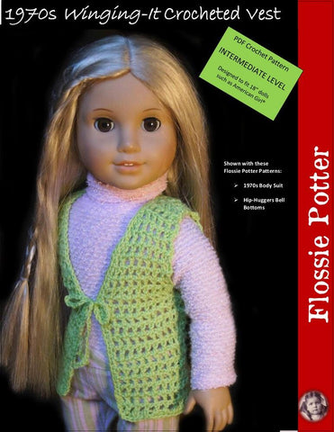 Flossie Potter Crochet 1970s Winging-It Crocheted Vest 18” Doll Crochet Pattern Pixie Faire