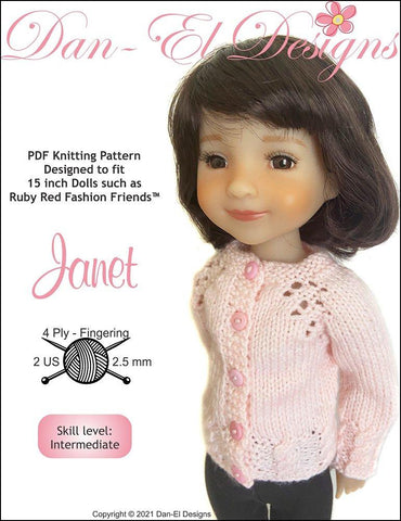 Dan-El Designs Ruby Red Fashion Friends Janet Cardigan Sweater 15" Doll Knitting Pattern Fits Ruby Red Fashion Friends Pixie Faire