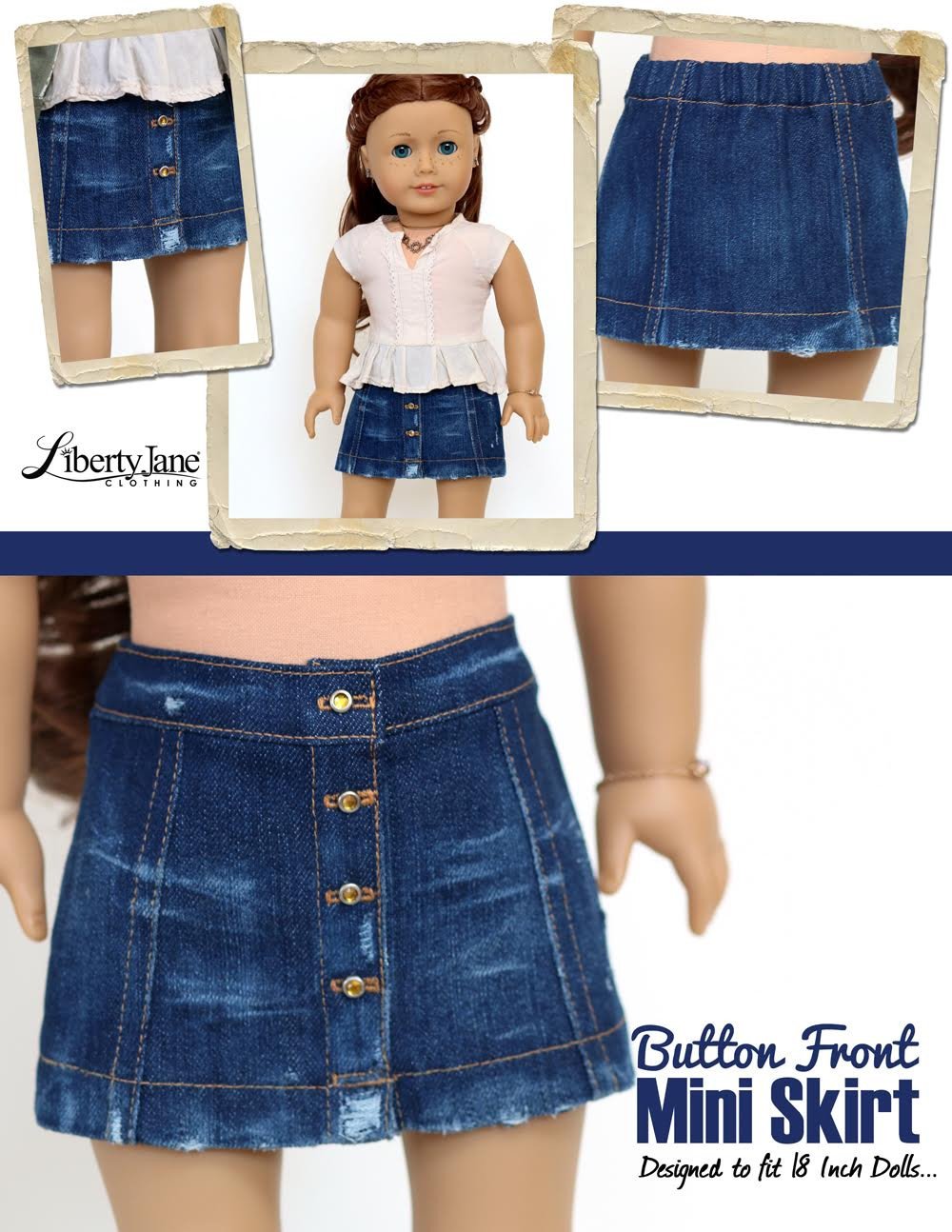 Liberty Jane 18 Inch Modern Button Front Mini Skirt 18" Doll Clothes pattern Pixie Faire