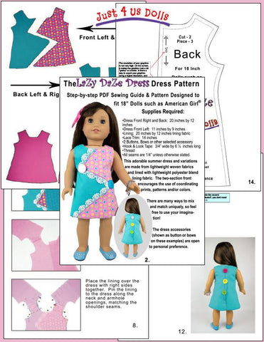 Just 4 Us Dolls 18 Inch Modern Lazy Daze Dress 18" Doll Clothes Pattern Pixie Faire