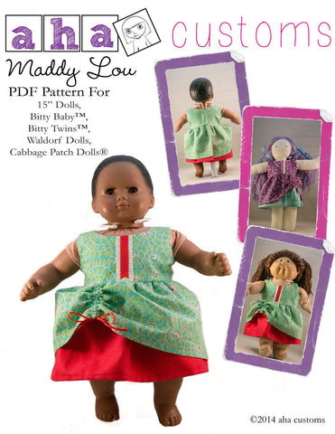 Aha Customs Bitty Baby/Twin Maddy Lou Dress 15" Baby Doll Clothes Pattern Pixie Faire