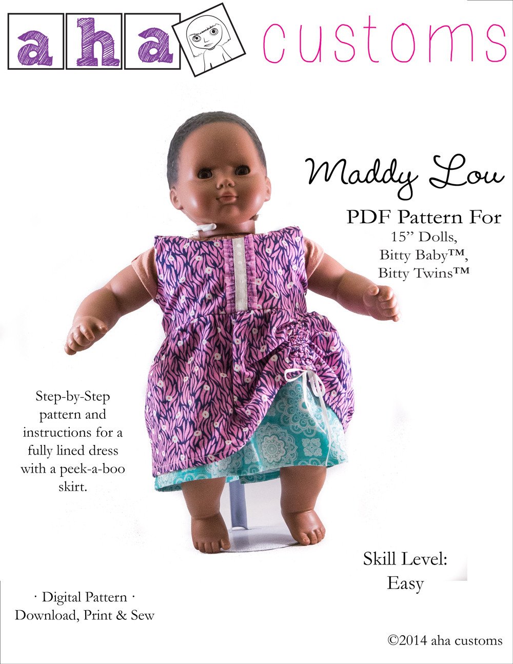 Aha Customs Bitty Baby/Twin Maddy Lou Dress 15" Baby Doll Clothes Pattern Pixie Faire