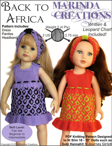 Marinda Creations Gotz 19 Inch Back To Africa SLIM 18-19" Doll Clothes Knitting Pattern Pixie Faire