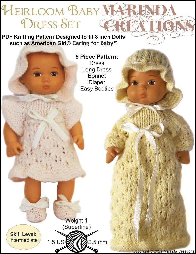 Marinda Creations 8" Baby Dolls Heirloom Baby Dress Set 8" Baby Doll Clothes Knitting Pattern Pixie Faire