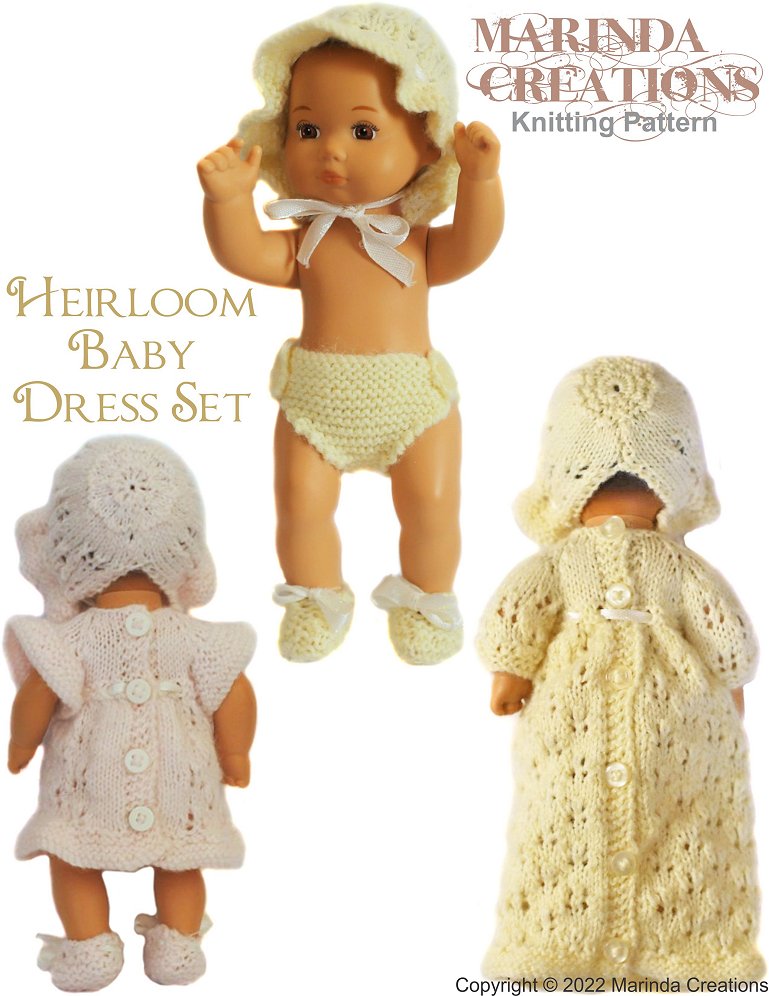 Marinda Creations 8" Baby Dolls Heirloom Baby Dress Set 8" Baby Doll Clothes Knitting Pattern Pixie Faire
