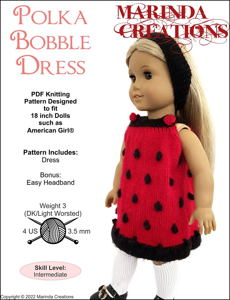 Marinda Creations Knitting Polka Bobble Dress 18" Doll Knitting Pattern Pixie Faire