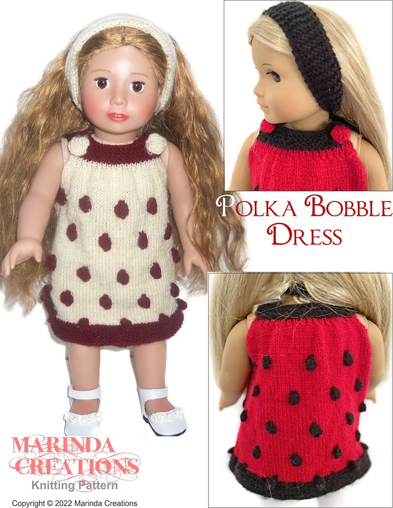 Marinda Creations Knitting Polka Bobble Dress 18" Doll Knitting Pattern Pixie Faire