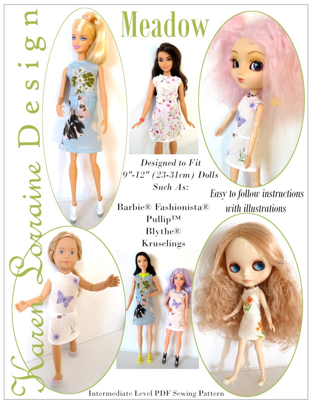 Karen Lorraine Design Meadow Doll Clothes Pattern 9-12 inch Fashion Dolls
