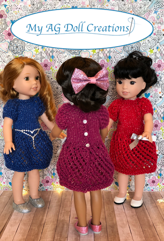 My AG Doll Creations WellieWishers Mita's Party Dress & Sweater Combo Knitting Pattern for 14-14.5" Dolls Pixie Faire