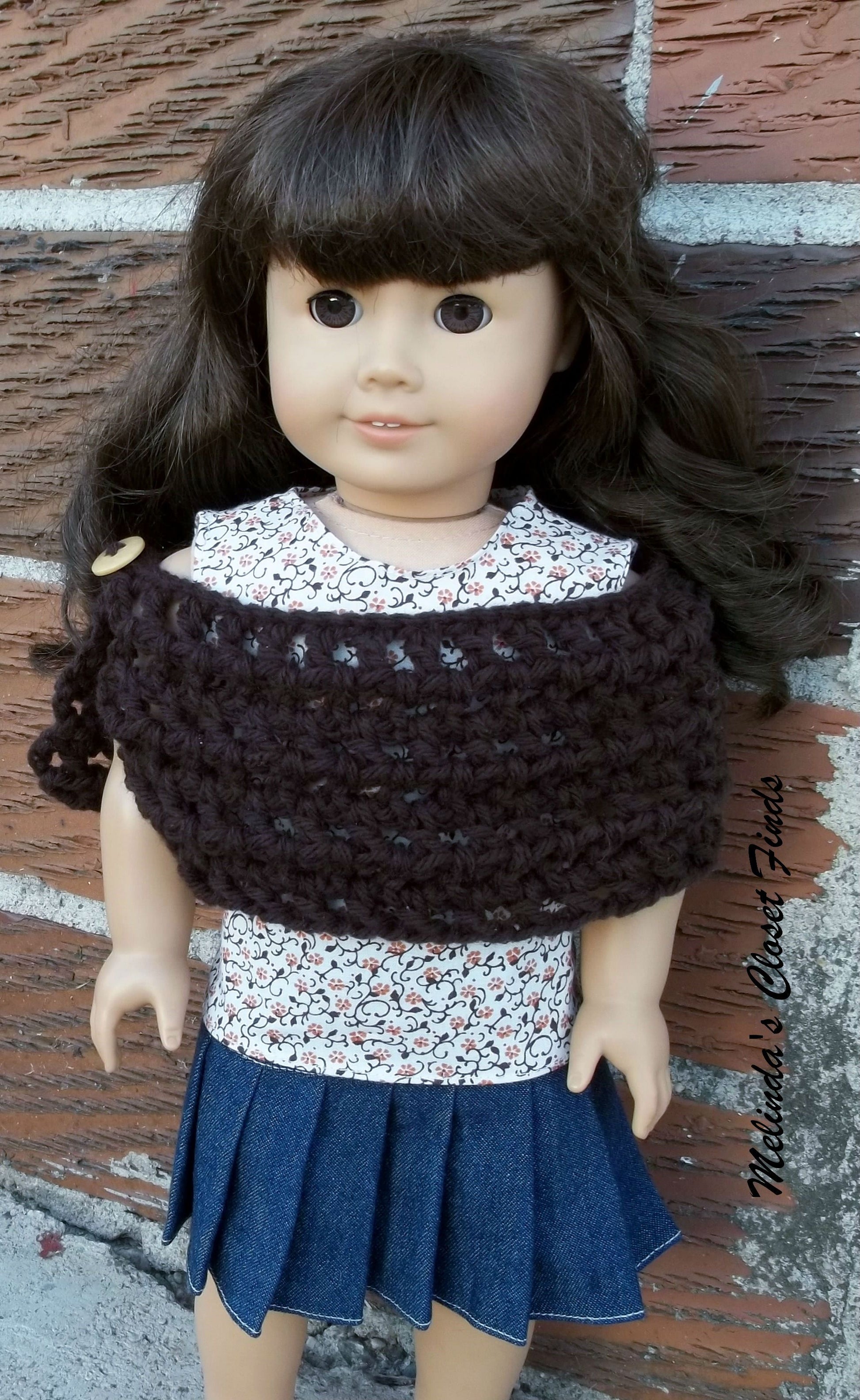Melinda's Closet Finds Crochet Off-Shoulder Button Wrap 18" Doll Crochet Pattern Pixie Faire