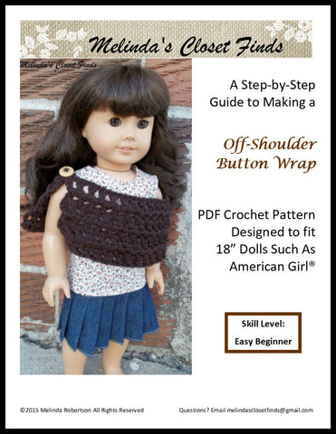 Melinda's Closet Finds Crochet Off-Shoulder Button Wrap 18" Doll Crochet Pattern Pixie Faire