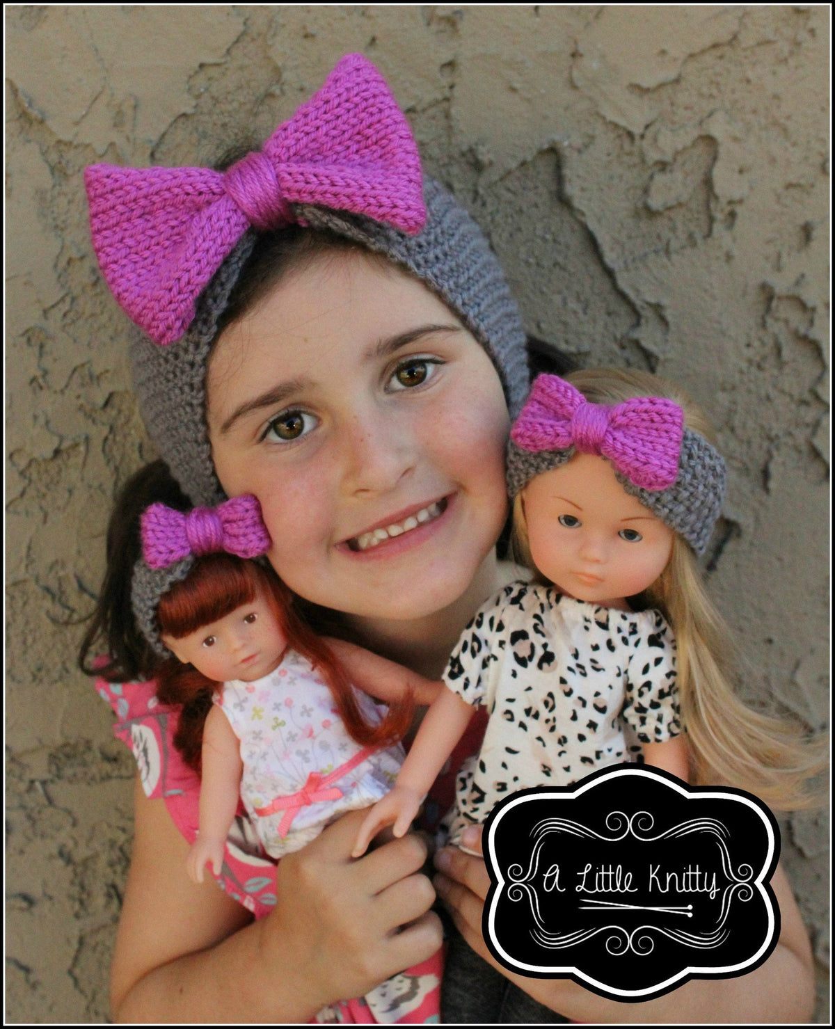 A Little Knitty Knitting Olivia Earwarmer with Bow Pattern for Girls and Les Cheries Dolls Pixie Faire