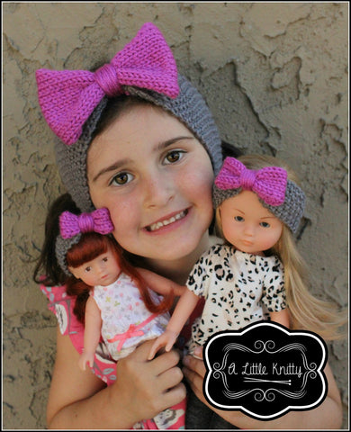 A Little Knitty Knitting Olivia Earwarmer with Bow Pattern for Girls and Les Cheries Dolls Pixie Faire