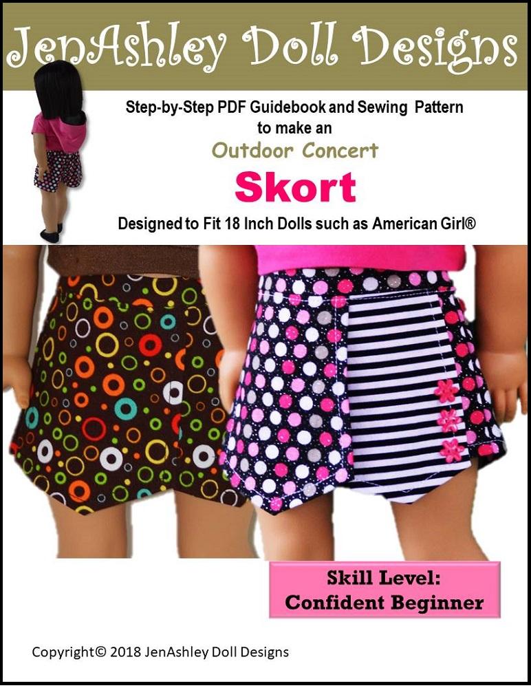 Jen Ashley Doll Designs 18 Inch Modern Outdoor Concert Skort 18" Doll Clothes Pattern Pixie Faire