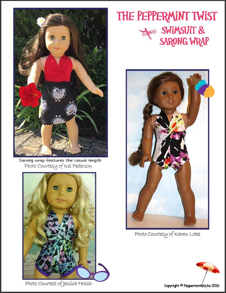 Peppermintsticks 18 Inch Modern The Peppermint Twist Swimsuit & Sarong Wrap 18" Doll Clothes Pixie Faire