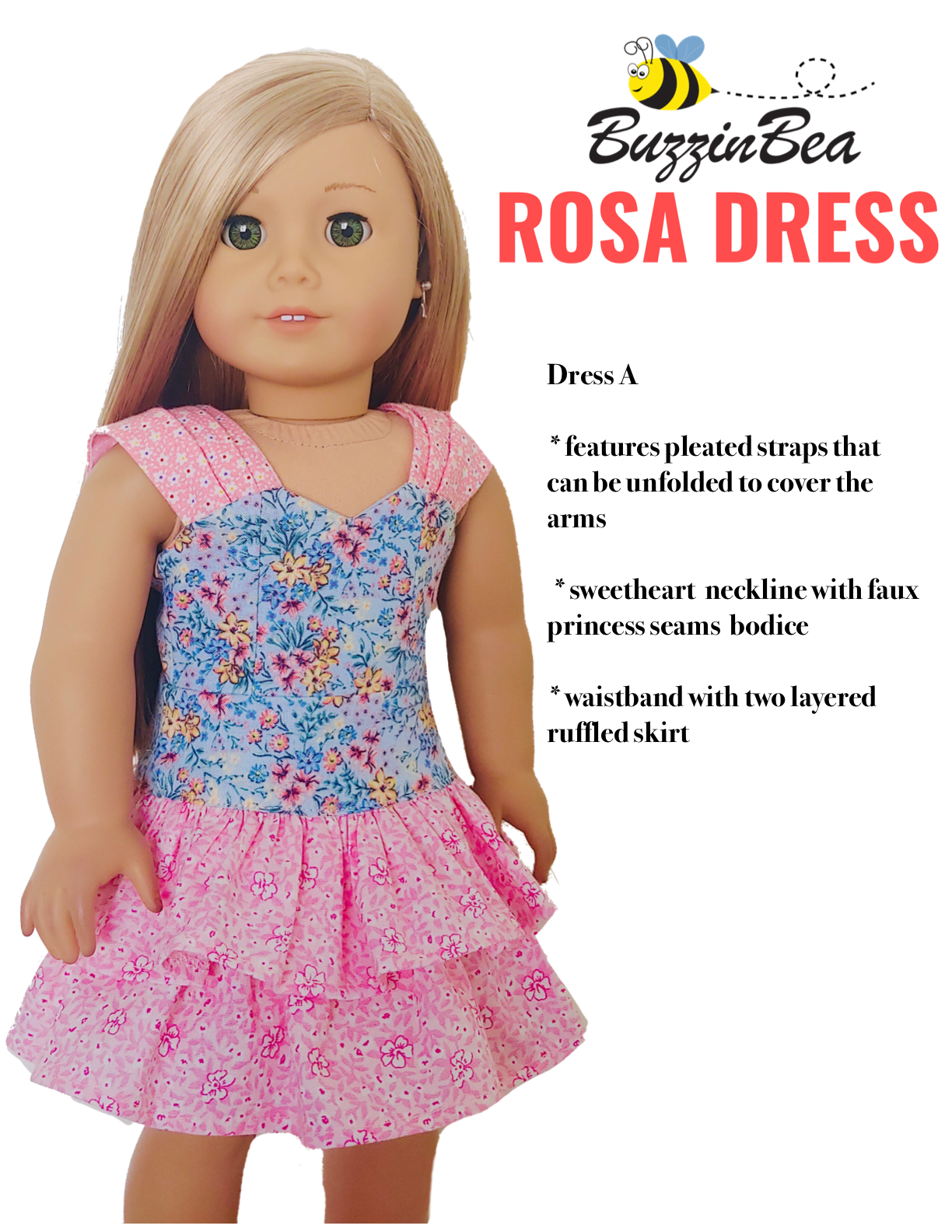 BuzzinBea 18 Inch Modern Rosa Dress 18" Doll Clothes Pattern Pixie Faire