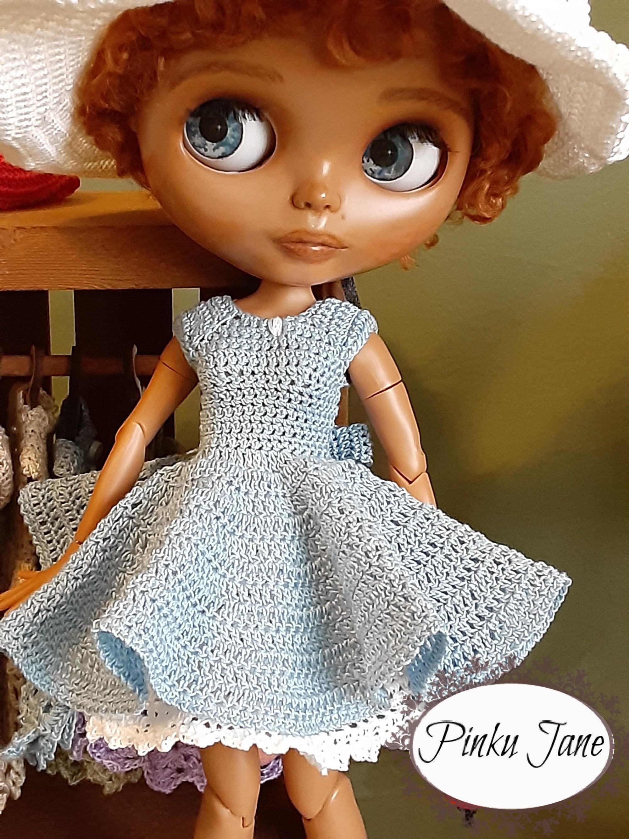 Pinku Jane Miss Audrey Dress and Pettticoat Doll Clothes Crochet Pattern  For 12 Blythe™ Dolls