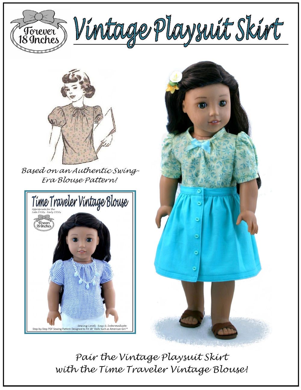 Forever 18 Inches 18 Inch Modern Vintage Playsuit Skirt 18" Doll Clothes Pattern Pixie Faire