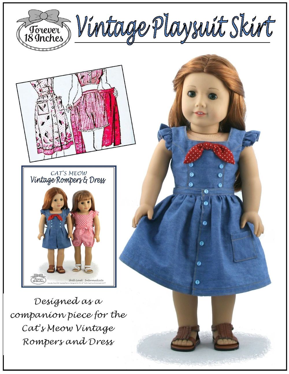 Forever 18 Inches 18 Inch Modern Cat's Meow Vintage Rompers, Dress & Playsuit Skirt Bundle 18" Doll Clothes Pixie Faire