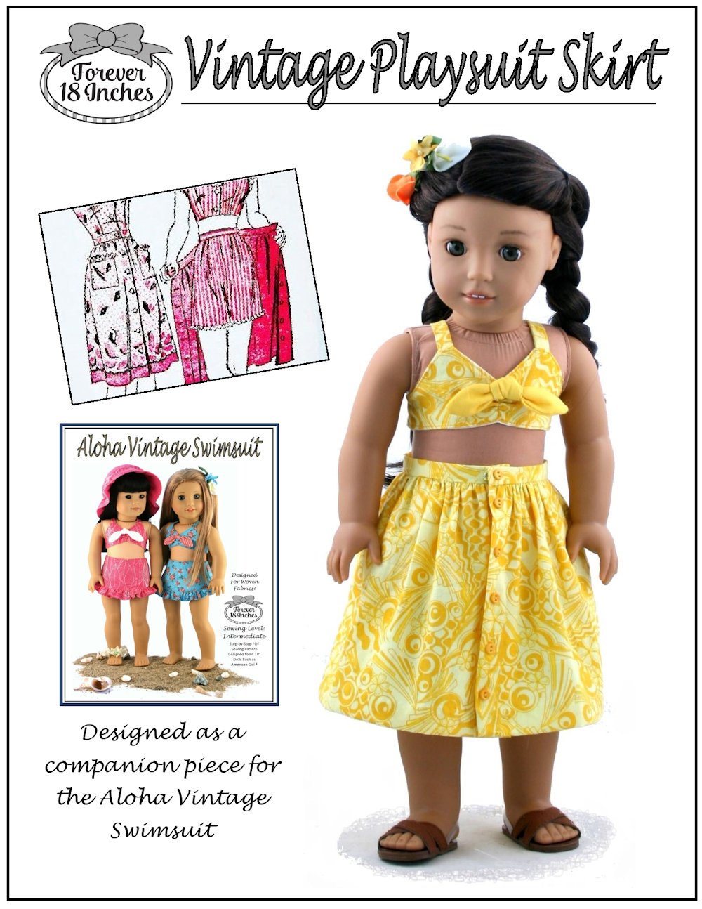 Forever 18 Inches 18 Inch Modern Aloha Vintage Swimsuit & Playsuit Skirt Bundle 18" Doll Clothes Pattern Pixie Faire