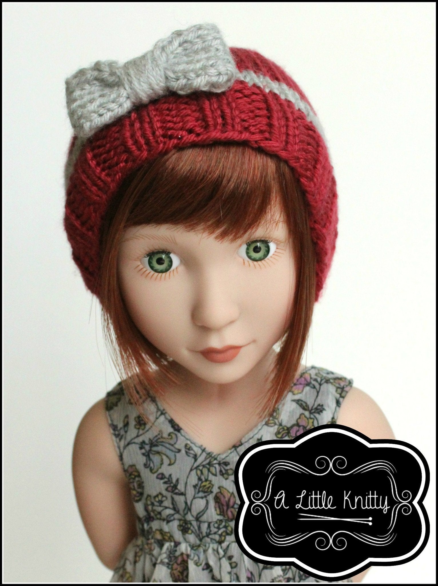 A Little Knitty Knitting Portia Bow Hat Knitting Pattern for Girls and 14-16" Dolls Pixie Faire