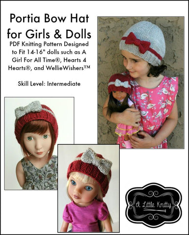 A Little Knitty Knitting Portia Bow Hat Knitting Pattern for Girls and 14-16" Dolls Pixie Faire