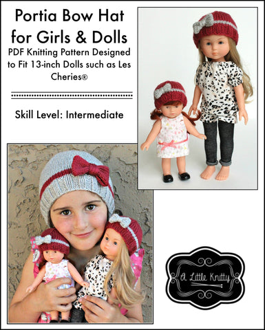 A Little Knitty Knitting Portia Bow Hat Knitting Pattern for Girls & Les Cheries Dolls Pixie Faire