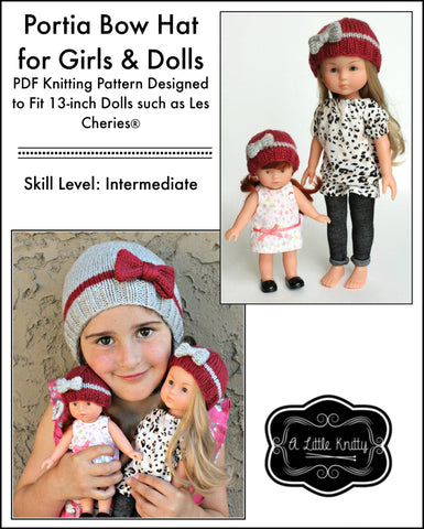 A Little Knitty Knitting Portia Bow Hat Knitting Pattern for Girls & Les Cheries Dolls Pixie Faire