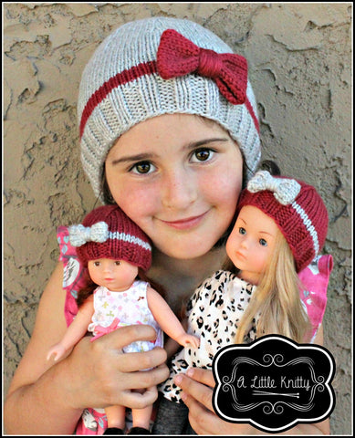 A Little Knitty Knitting Portia Bow Hat Knitting Pattern for Girls & Les Cheries Dolls Pixie Faire