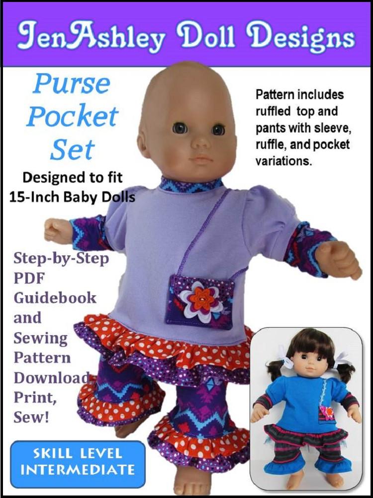 Jen Ashley Doll Designs Bitty Baby/Twin Purse Pocket Set 15" Baby Doll Clothes Pattern Pixie Faire