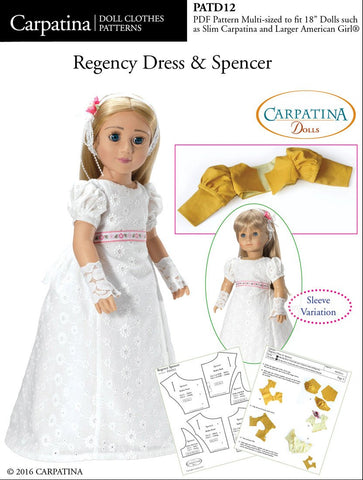Carpatina Dolls 18 Inch Historical 1810 - 1815 Regency Dress and Spencer Multi-sized Pattern for Regular and Slim 18" Dolls Pixie Faire