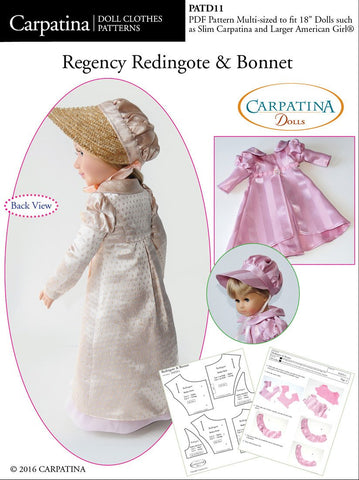Carpatina Dolls 18 Inch Historical 1810's Regency Redingote and Bonett Multi-sized Pattern for Regular and Slim 18" Dolls Pixie Faire