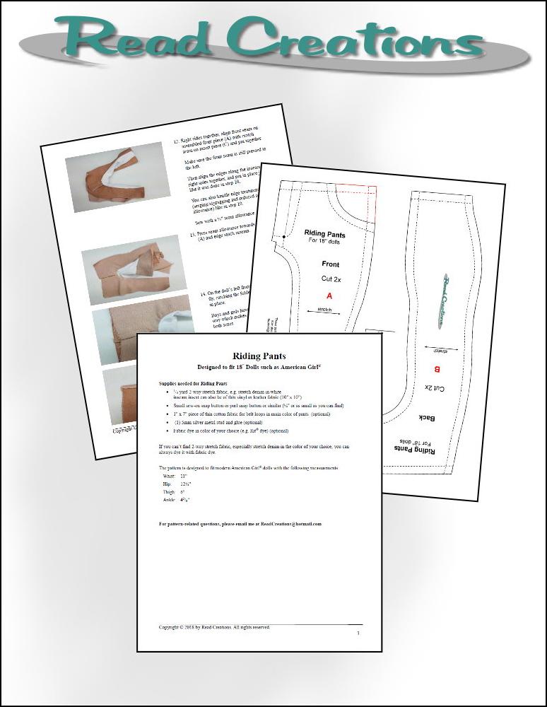 Read Creations Riding Pants Doll Clothes Pattern 18 inch American Girl Dolls