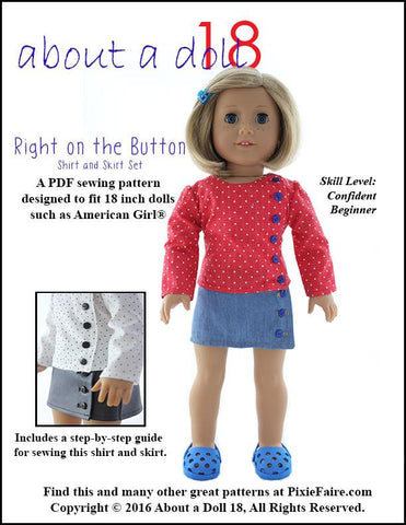 About A Doll 18 18 Inch Modern Right on the Button Shirt & Skirt Set 18" Doll Clothes Pattern Pixie Faire