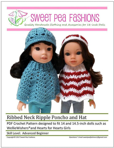 Sweet Pea Fashions WellieWishers Ribbed Neck Ripple Poncho and Hat Crochet Pattern for 14-14.5" Dolls Pixie Faire